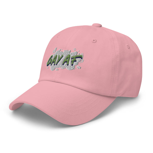 Structured pink cap with curved brim, button top, and “GAY AF” in green/navy comic burst embroidery—playful queer pride vibe.