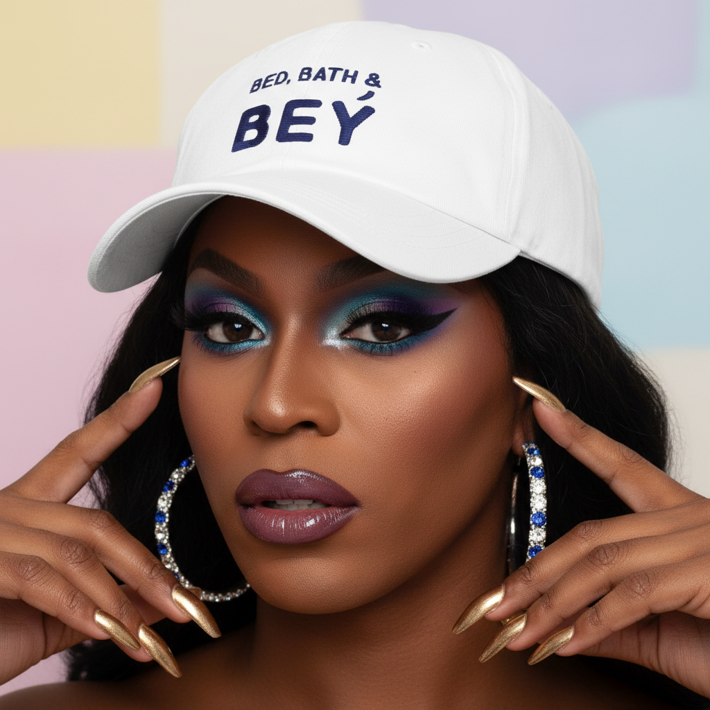 Bed, Bath & Bey Cap, queer glam in bold blue and purple eye makeup, false lashes, mauve lips, metallic nails, stone hoops.