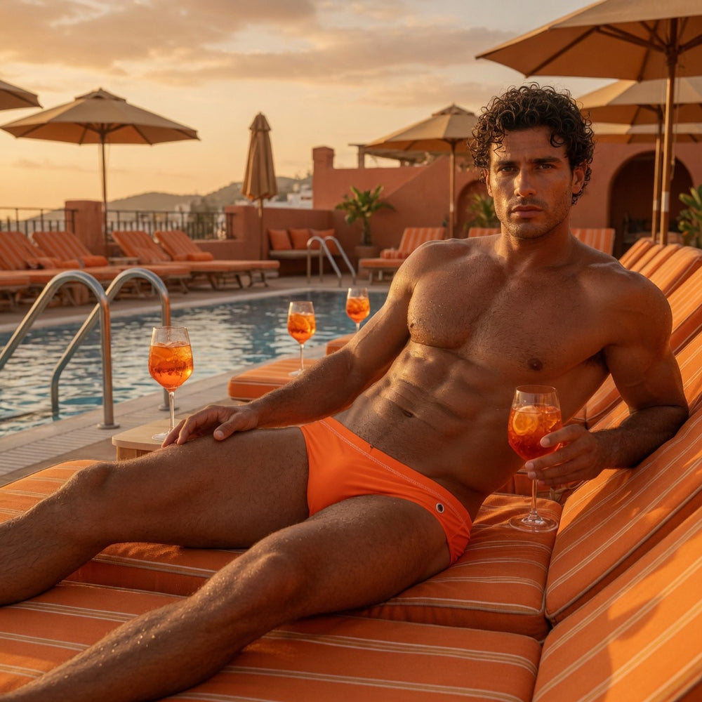 Model wearing bright orange low-waist swim briefs beside a pool at sunset