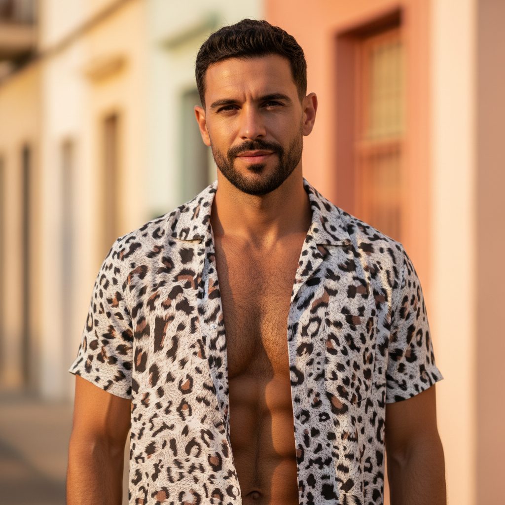 Front-facing person modeling an open short-sleeve leopard-print shirt outdoors