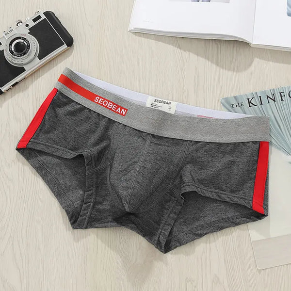 Flat-lay view of dark gray boxer briefs with a gray waistband and red side panels
