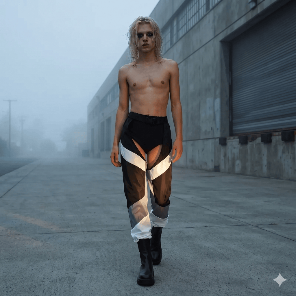 Model wearing black cargo pants with a buckle belt and bold white angular panels