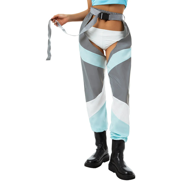 Front view of a model wearing gray and pale blue buckle cargo pants with cutout panels