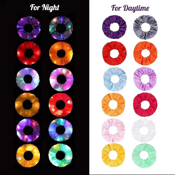 Grid of colorful LED scrunchies labeled “For Night” and fabric scrunchies labeled “For Daytime”