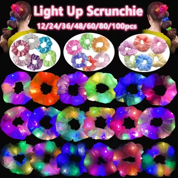 Collage of colorful LED scrunchies, with two hairstyle photos and pastel examples