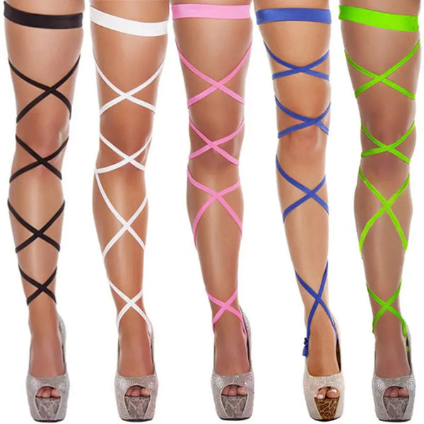Five legs model wearing crisscross leg wrap stockings in black, white, pink, blue, and neon green