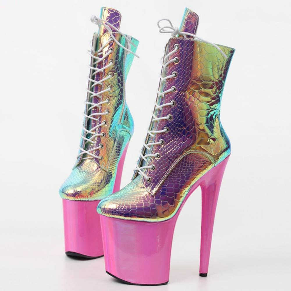 Pair of iridescent snake-print platform ankle boots with bright pink stilettos