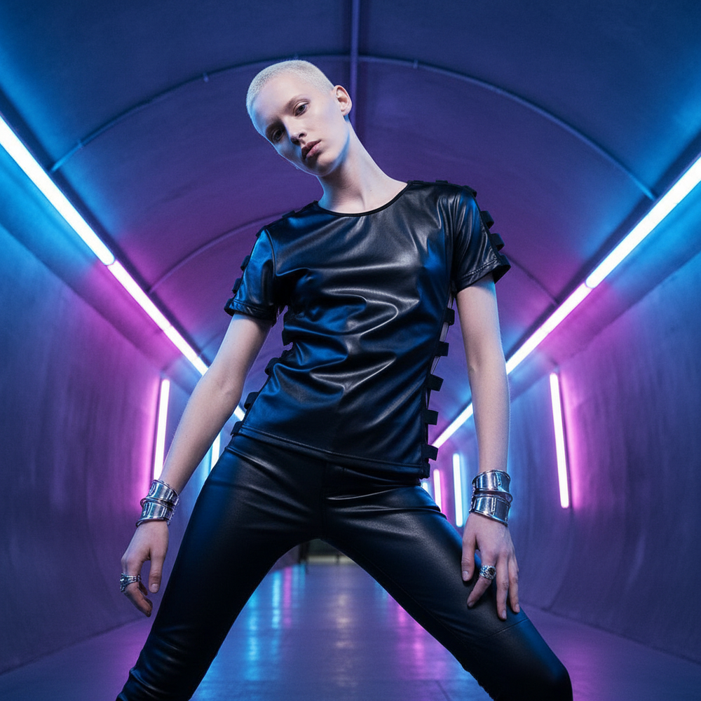 Model wearing a glossy black cut-out T-shirt in a neon-lit tunnel