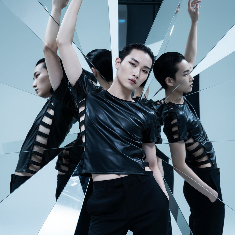 Model wearing a glossy black cut-out T-shirt in a mirrored room