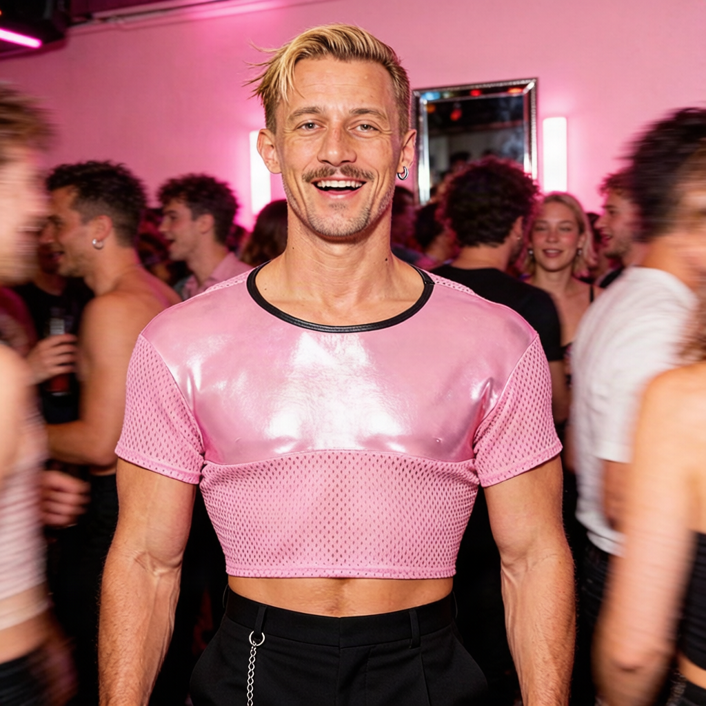 ClubErotic Short Sleeve Crop Top styled in a pink fashion editorial