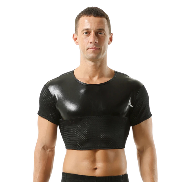 Model wearing a black shiny cropped T-shirt with short sleeves and perforated panels