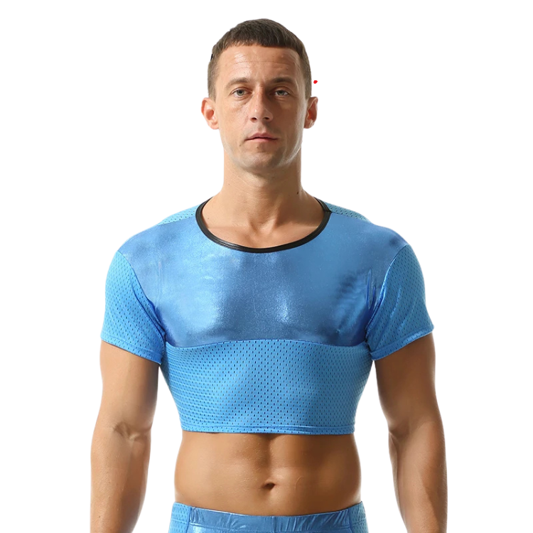 Model wearing a shiny blue short-sleeve crop top with perforated mesh sleeves and lower panel
