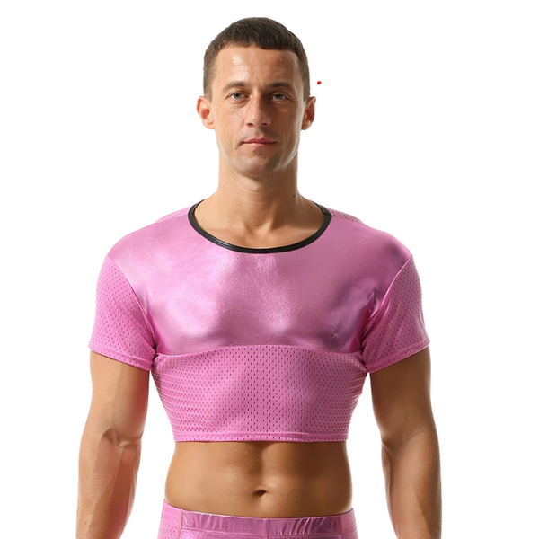 Pink short-sleeve crop top with shiny front panel and perforated mesh sleeves and lower half