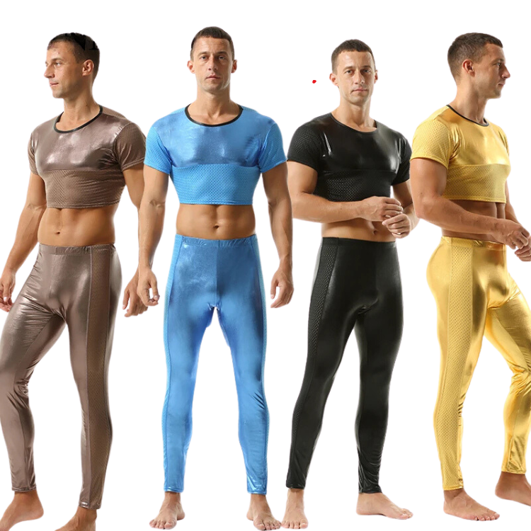 Four models wear glossy short-sleeve crop tops in brown, blue, black, and yellow