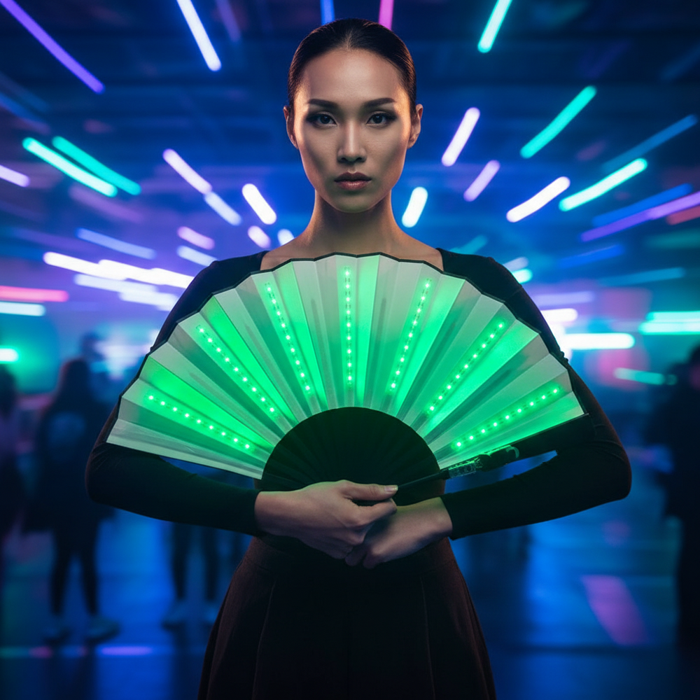 Model holds an open folding fan with bright green LED strips in a neon-lit venue