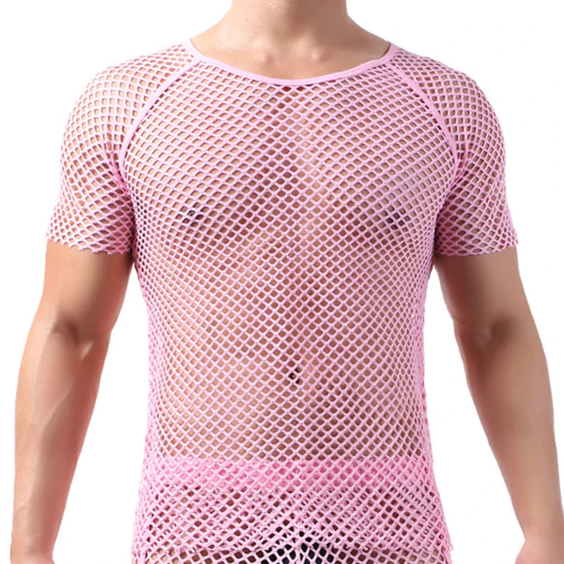 Pink short-sleeve mesh T-shirt shown on a model