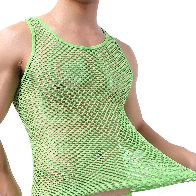 Shoulders-to-hips view of a person in a bright green sleeveless mesh tank top