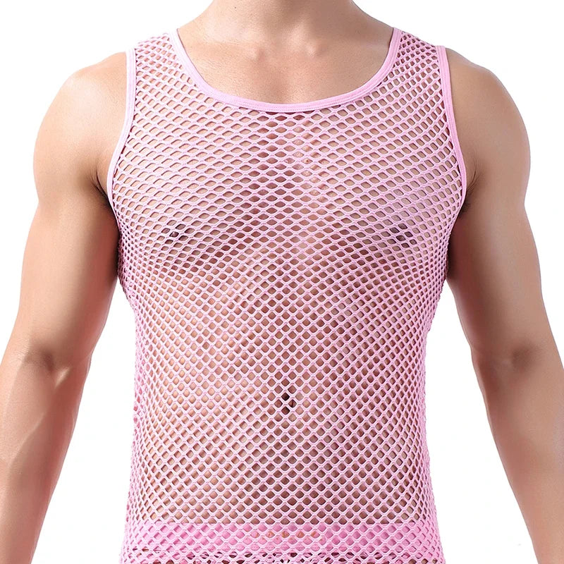 Close-up of a model wearing a pink mesh tank top with a scoop neck