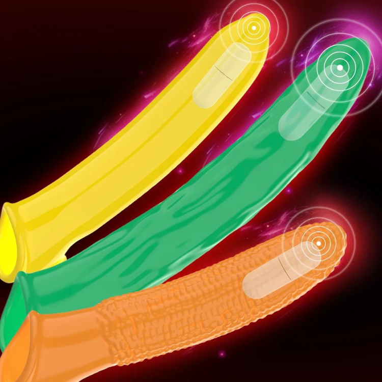 Illustration of yellow, green, and orange penis sleeves with textured shafts and rounded tips