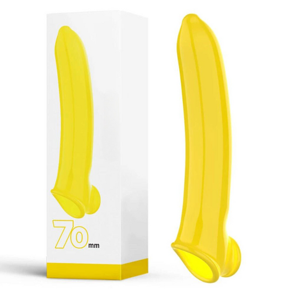 Bright yellow penis sleeve beside its box, showing a 70 mm marking