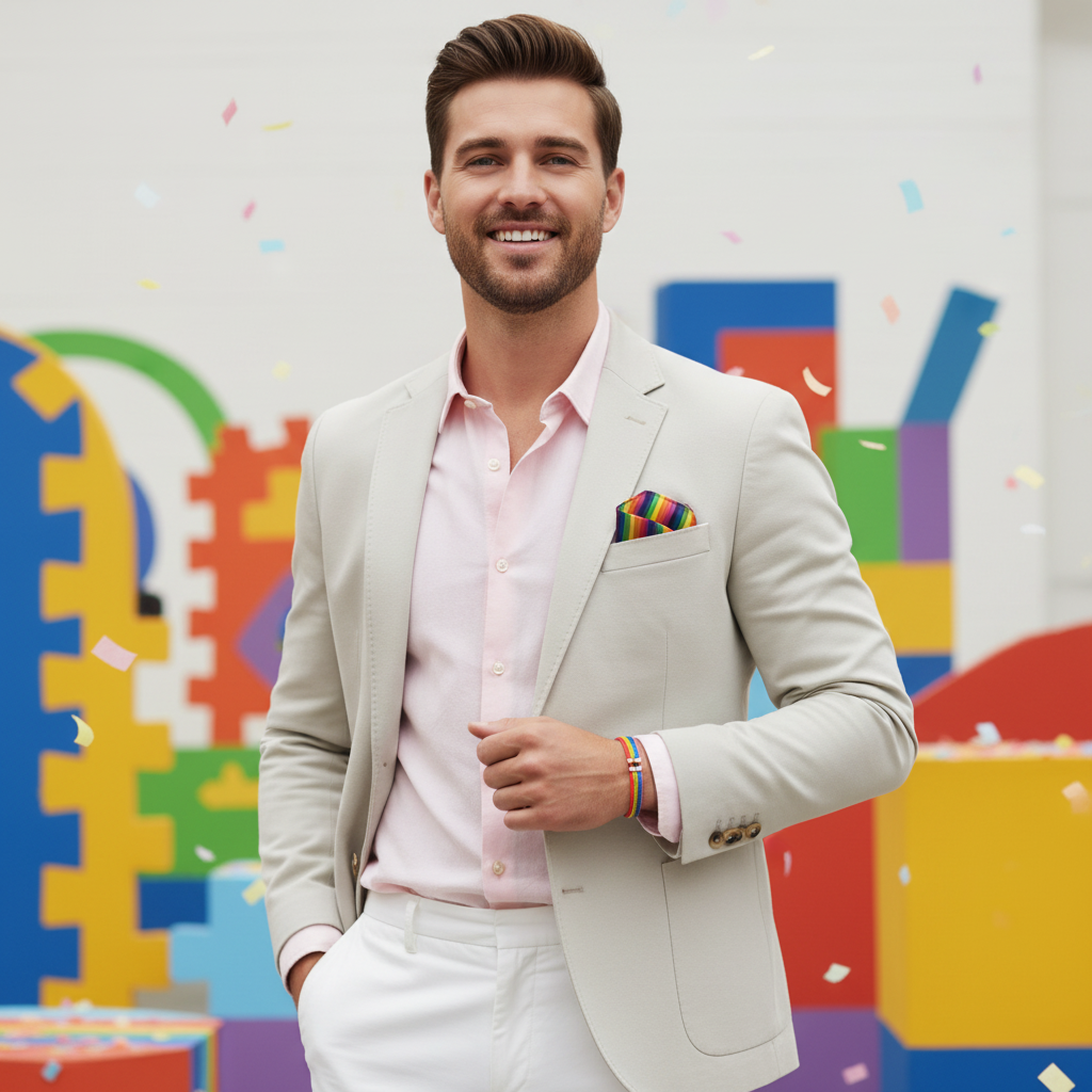 Colourful Rainbow Hanky adds bold queer flair to a smiling man’s pale pink shirt and beige suit, celebrating with LGBT pride.