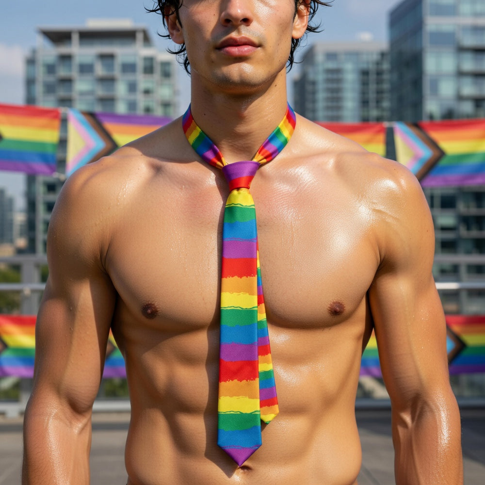 Shirtless person with muscular, shiny torso wears Colorful Rainbow Striped Fun Tie