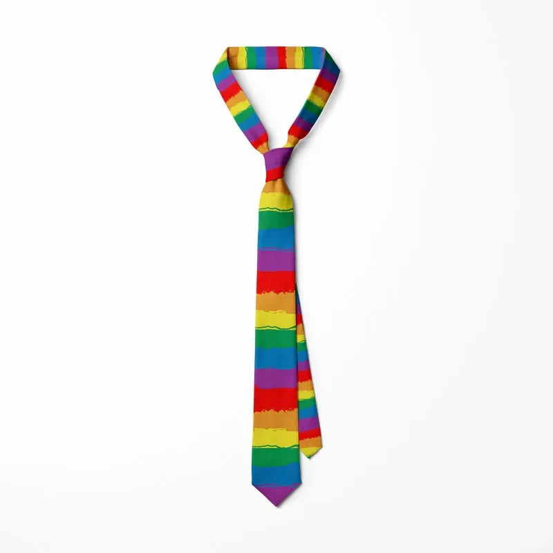 Rainbow-striped necktie shown tied in a knot against a white background
