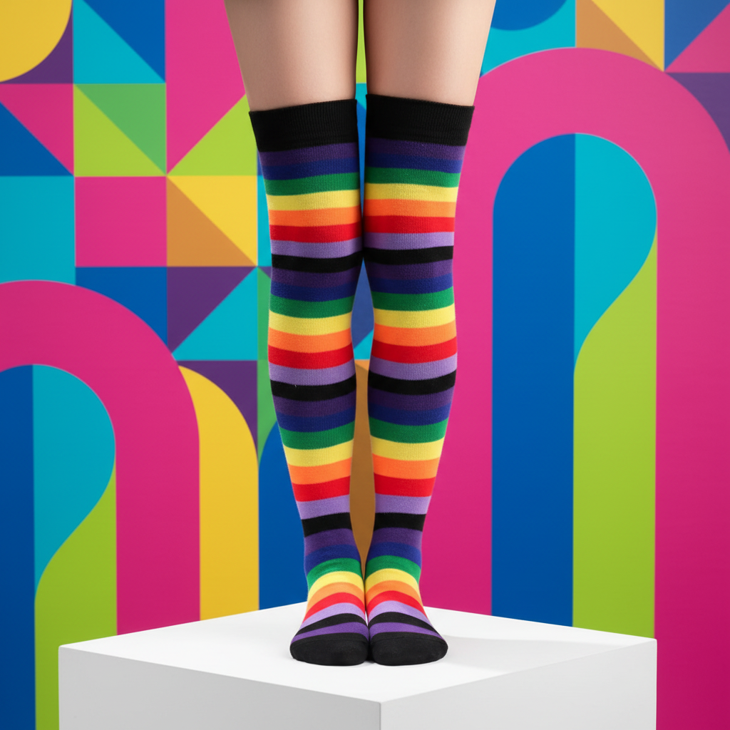 Legs and feet in rainbow-striped thigh-high socks stand on a white platform, against a bold geometric background of pink