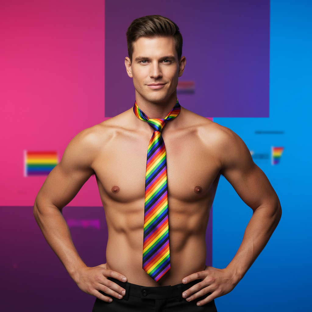 Rainbow Tie—worn shirtless with black pants, flaunting vibrant pink and blue pride backdrop; queer joy, hands on hips