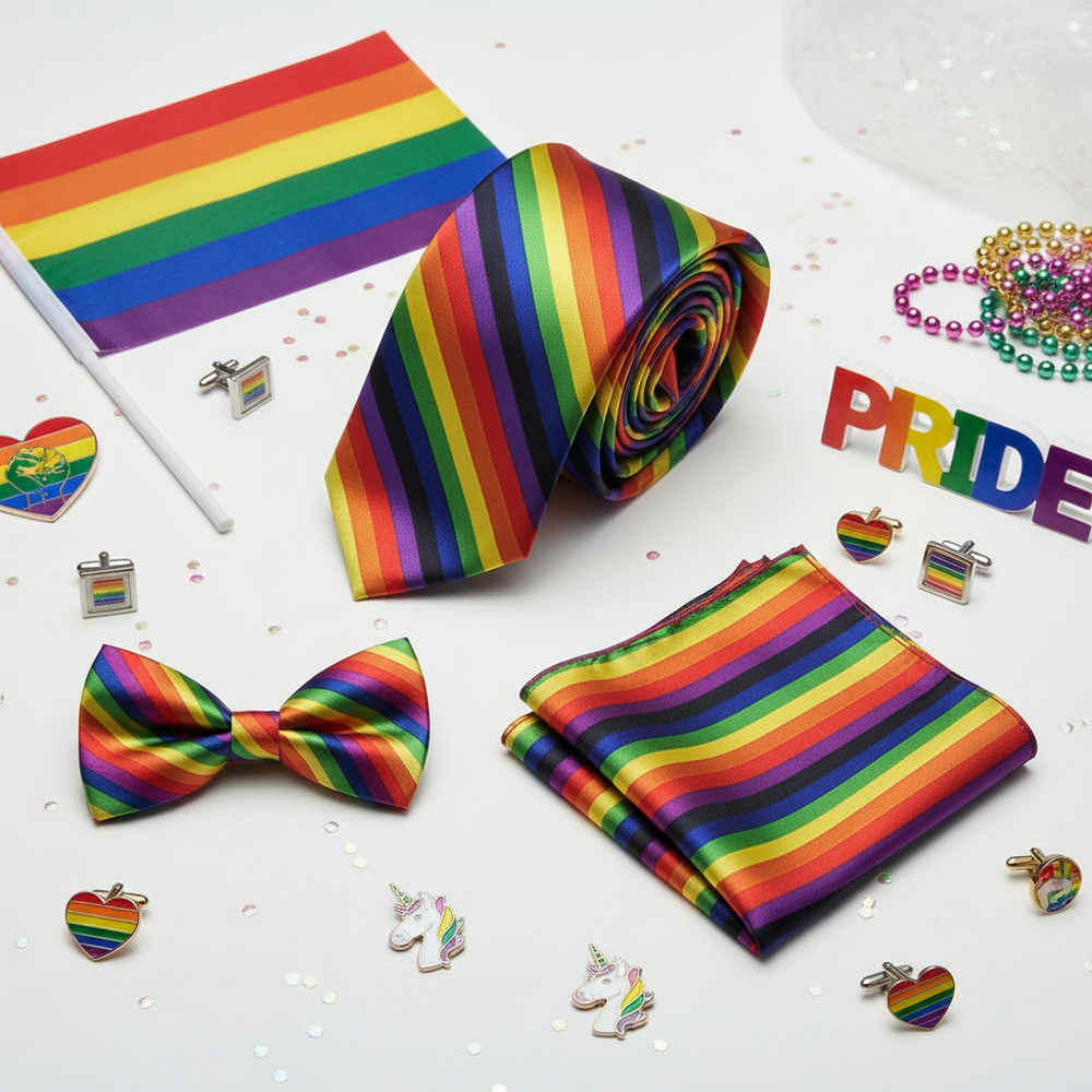 Rainbow striped necktie, bow tie and folded hanky arranged as a Pride accessory set