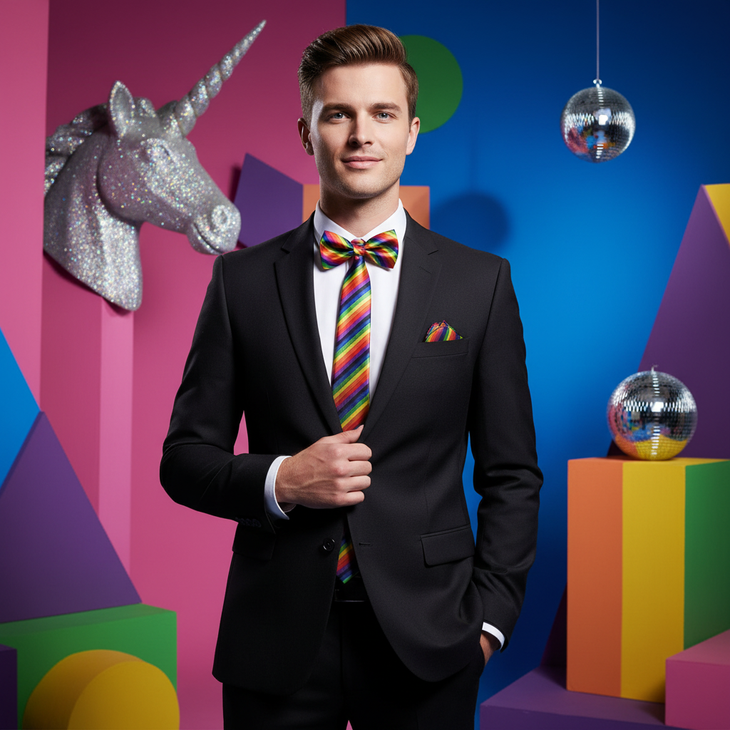Rainbow Tie + Bowtie + Hanky Set pops on a black suit in a funky room with disco balls and a sparkling unicorn