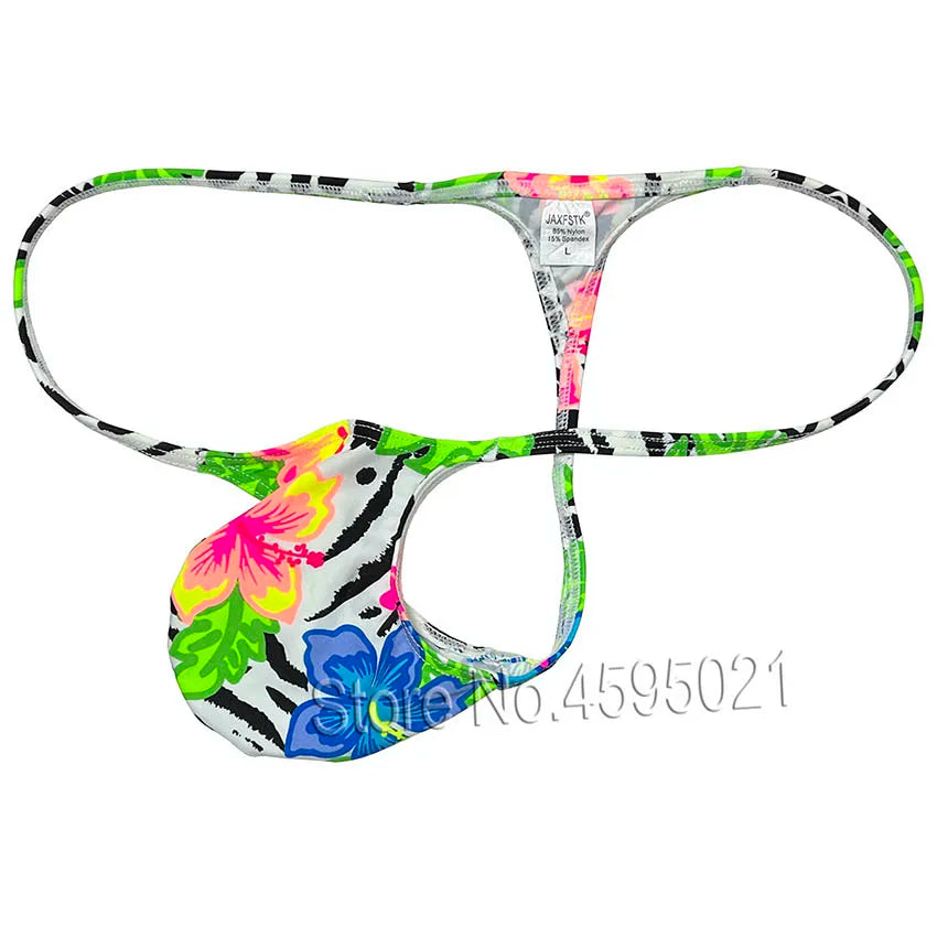 White thong with black zebra stripes and bright pink, green, yellow, and blue floral accents