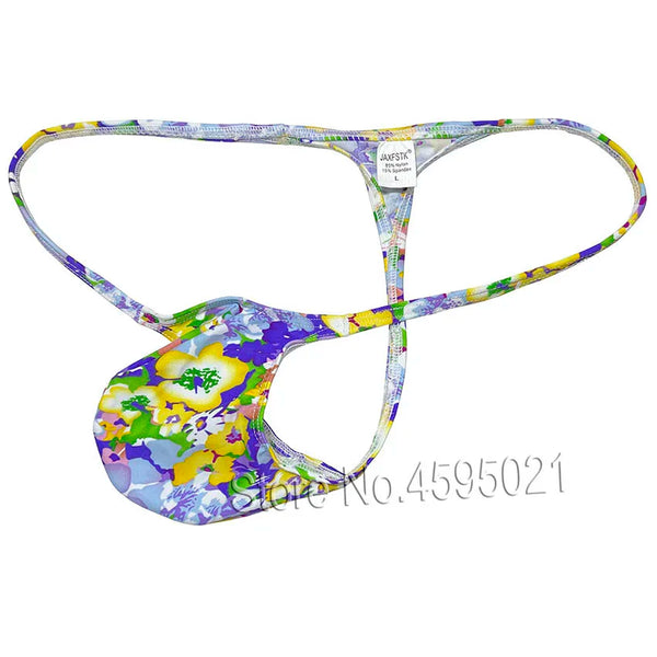 Floral-print thong with thin straps and a multicolored purple, yellow, green, and blue pattern