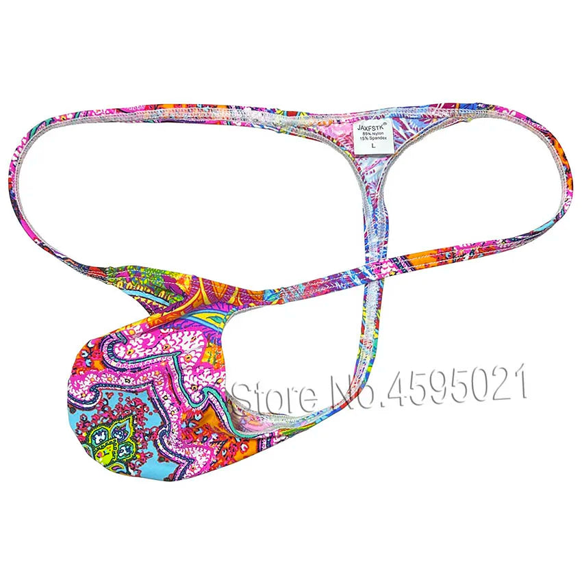 Colorful paisley-patterned thong with thin straps and a small fabric label