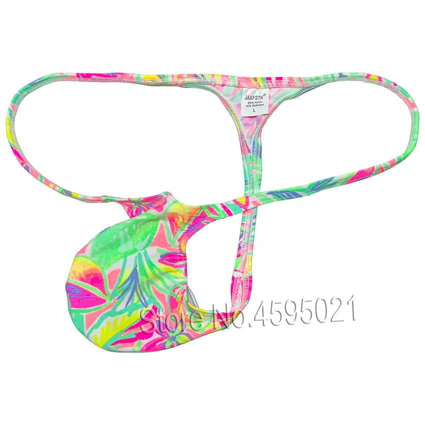 Colorful neon floral-print thong with thin straps and a small white label