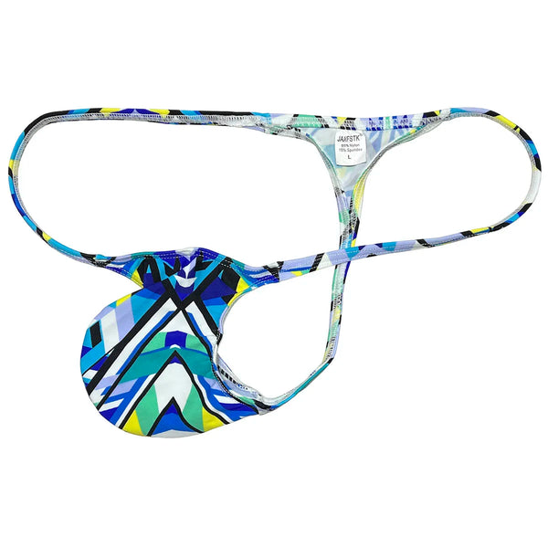 Colorful geometric-print thong with thin straps and a small front pouch
