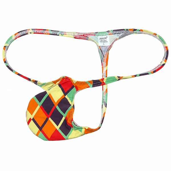 Colorful geometric-print thong with thin straps and a front pouch