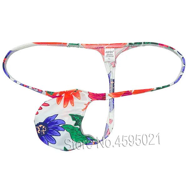 Floral-print thong with multicolored straps and a pouch on a white background