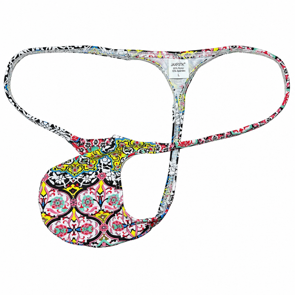 Colorful patterned thong with narrow straps and a small front pouch