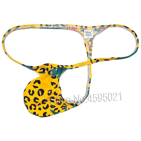 Yellow leopard-print thong with thin multicolor straps and a pouch