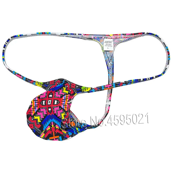 Colorful geometric patterned thong with thin straps and a front pouch