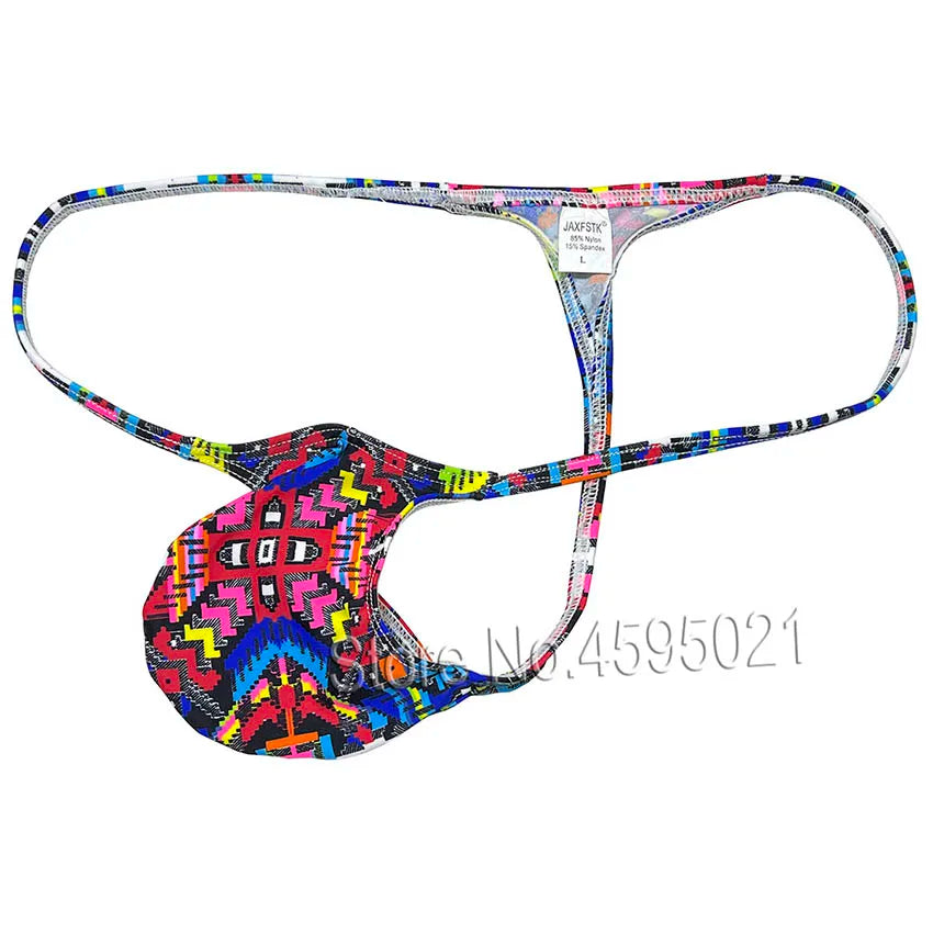 Colorful geometric patterned thong with thin straps and a front pouch