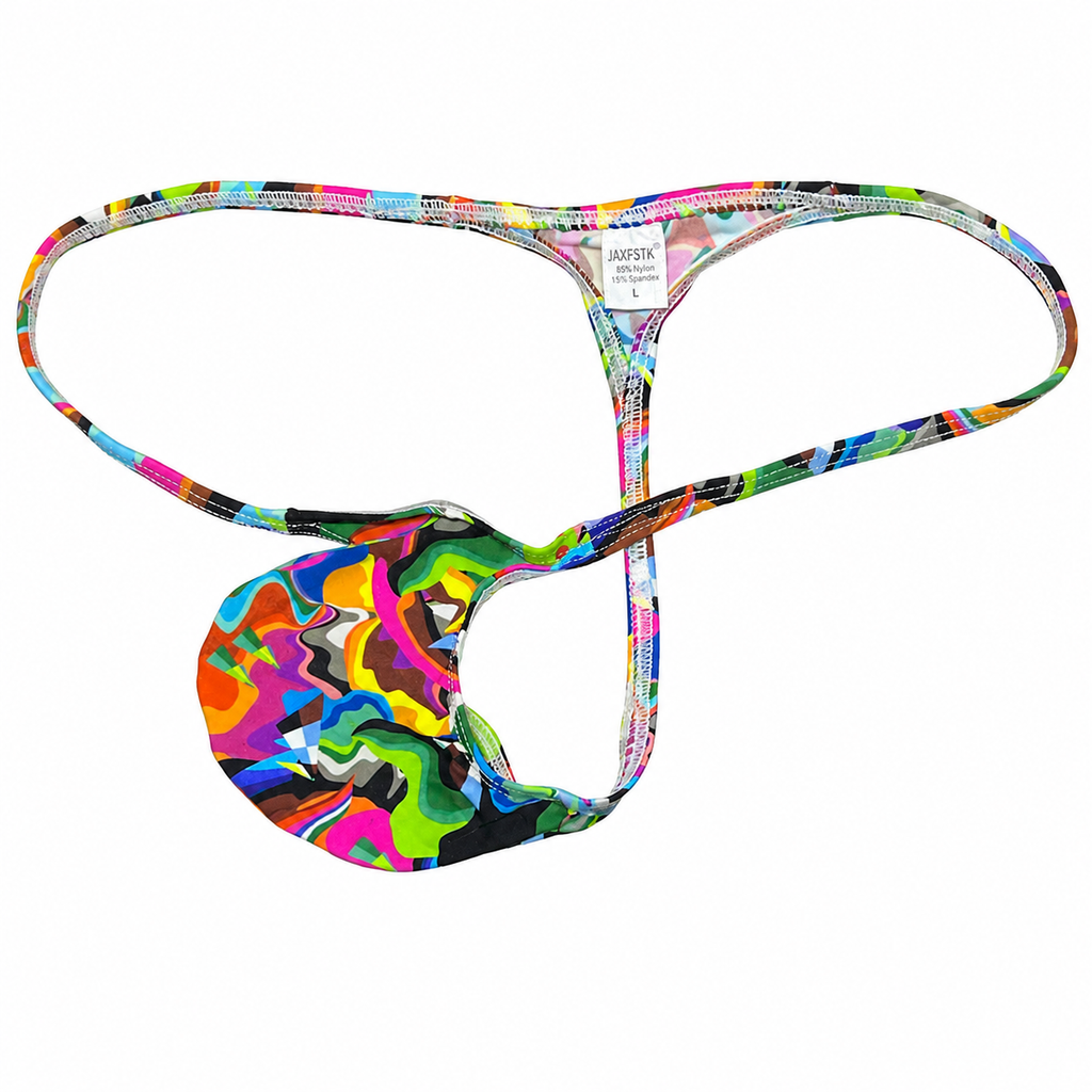 Colorful abstract-pattern thong with narrow straps and a small front pouch