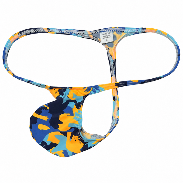 Colorful blue, orange, and yellow camouflage-pattern thong with narrow straps