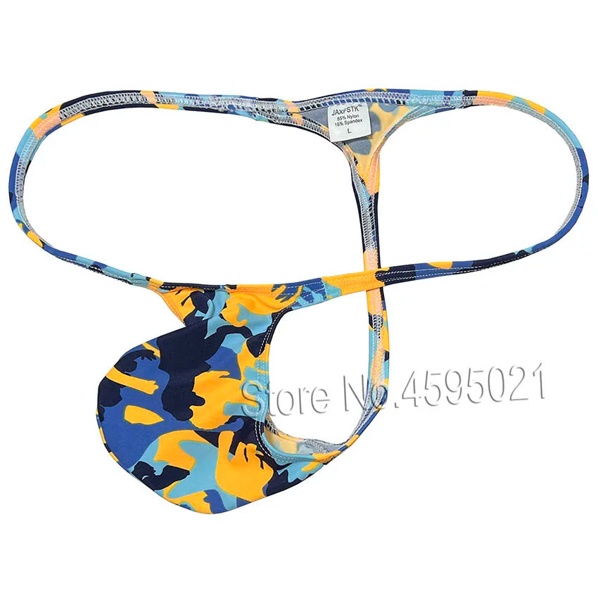 Colorful blue, orange, and yellow camouflage-pattern thong with narrow straps