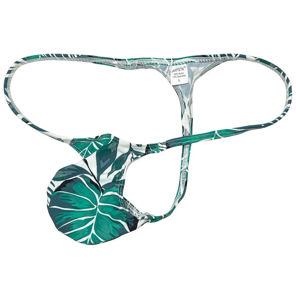 Green and white leaf-print thong with thin straps and pouch