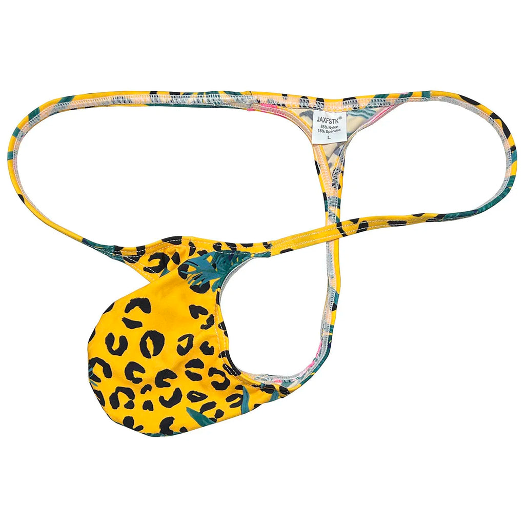 Yellow leopard-print thong with multicolored patterned straps