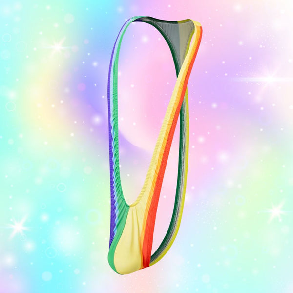 Close-up of a rainbow-striped open thong mankini with a front pouch