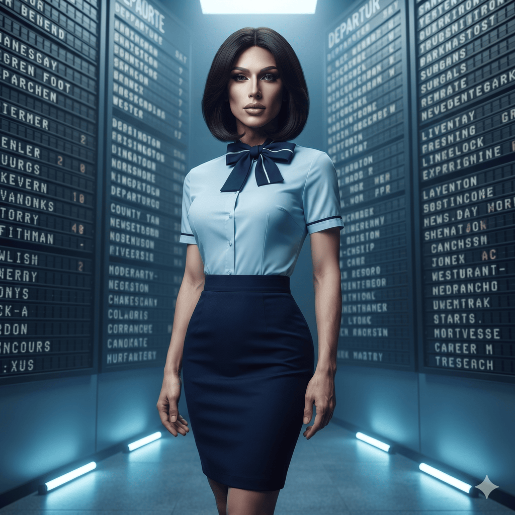 Front-facing model wearing a light blue cabin crew blouse, bow tie, and navy pencil skirt