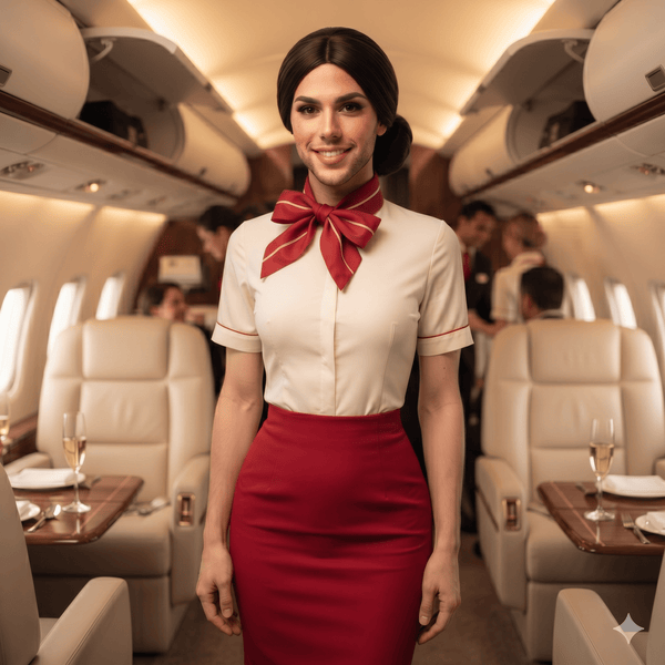 Front-facing model in a cream cabin crew blouse, red scarf and fitted red skirt aboard an airplane